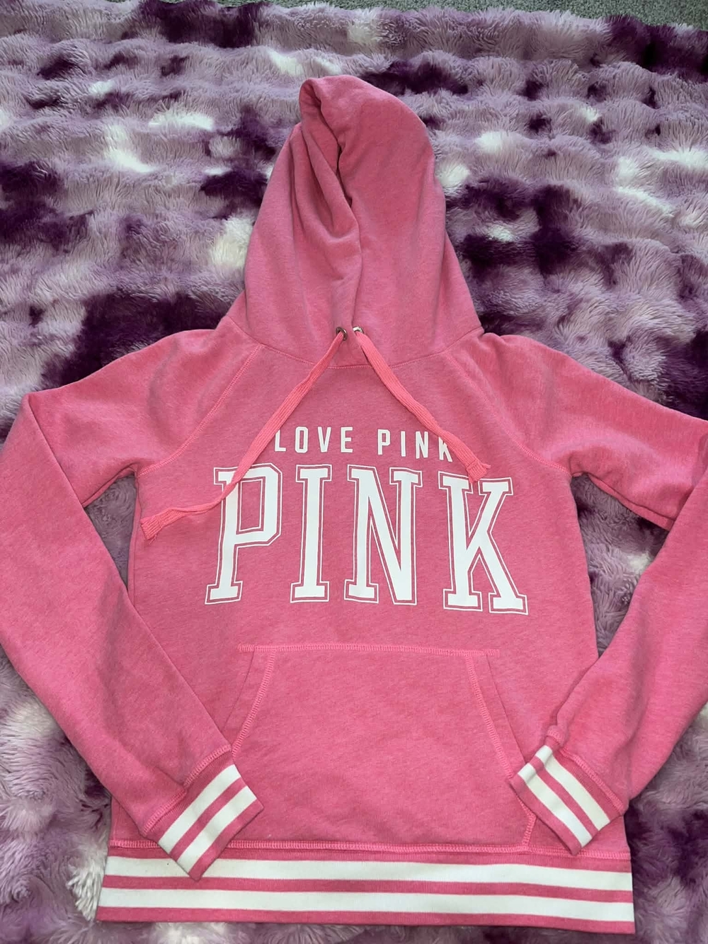 PINK Victoria's Secret Hot Pink Hoodie with White Stripe Accents